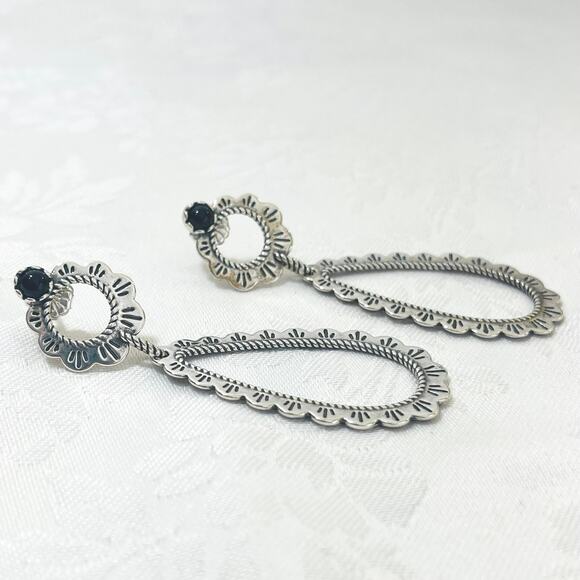 American West Carolyn Pollack Sterling Silver Agate Earrings Teardrop Drop Black - Picture 2 of 10